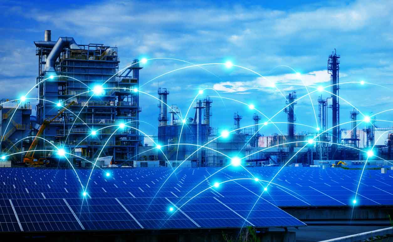 buildings and factories connected through energy